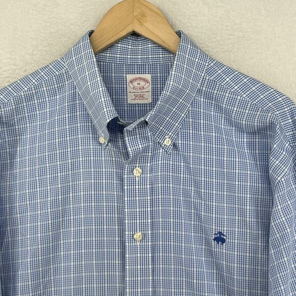 BROOKS BROTHERS Shirt Mens XL Gingham Check Non Iron Original Polo Cotton Blue - Picture 1 of 13